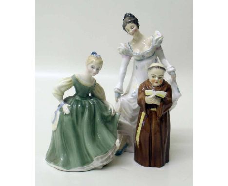Royal Worcester Monk and two Doulton figures. Condition report: see terms and conditions