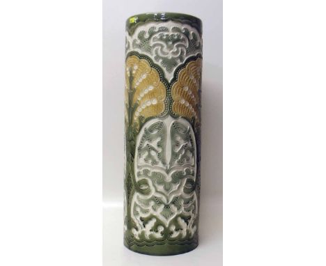 Burmantofts carved cylindrical stick bin. Condition report: see terms and conditions