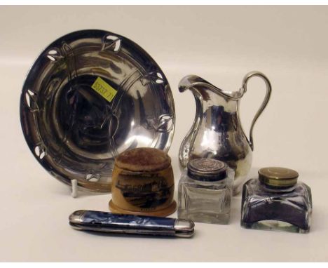 Mauchlinware "Birnham" pin cushion, two small square inkwells, pen knife, art nouveau pierced dish and small plated cream jug