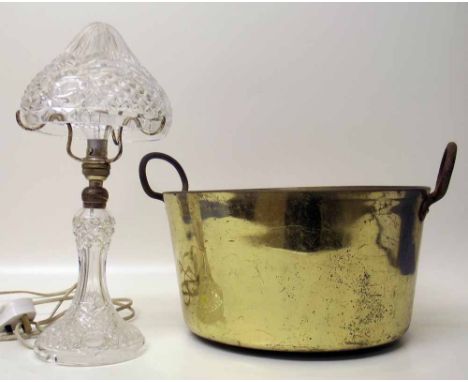 Cut glass lamp and shade also a brass jam pot. Condition report: see terms and conditions