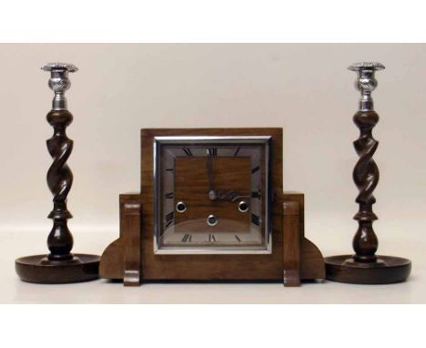 Art Deco walnut 8-day mantel clock and a pair of early 20th century oak barley-twist candlesticks. Condition report: see term