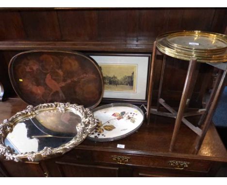 Brass top occasional table, modern plaster mirror, oriental tray, ceramic/metal ware tray and Market Drayton photograph. Cond