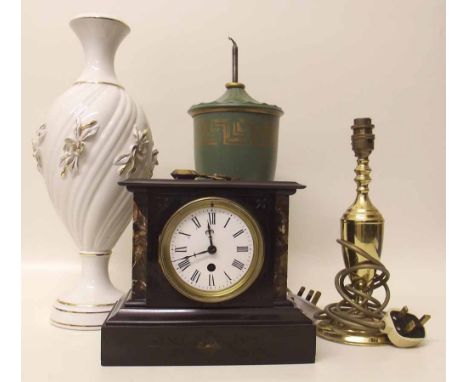 Polished slate Victorian mantel clock and three lamp bases. Condition report: see terms and conditions
