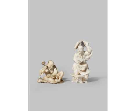 λ TWO SMALL JAPANESE IVORY OKIMONO MEIJI 1868-1912 One depicting a sculptor at work seated on a straw mat and surrounded by t