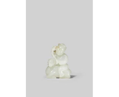 A CHINESE PALE CELADON JADE FIGURE OF A BOY PROBABLY LATE QING DYNASTY Mounted on a recumbent ram, holding a blossoming prunu