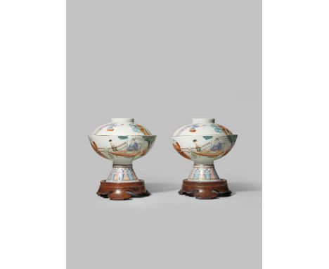 A PAIR OF CHINESE FAMILLE ROSE STEM BOWLS AND COVERS QING DYNASTY Each decorated with scholars in their studios with attendan