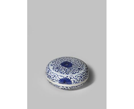 A CHINESE BLUE AND WHITE SEAL PASTE BOX AND COVER PROBABLY KANGXI The plain circular body painted in underglaze blue with sty