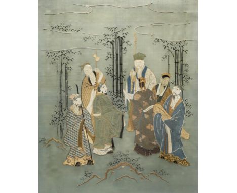 A CHINESE EMBROIDERY ON SILK OF SCHOLARS IN A BAMBOO GROVE QING DYNASTY Embroidered on a blue panel with silk and couched gol