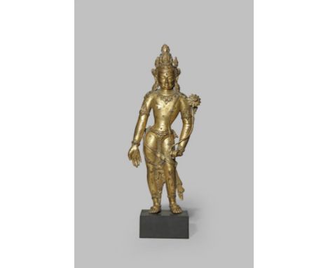 A NEPALESE GILT BRONZE FIGURE OF PADMAPANI 20TH CENTURY Standing, his right hand extended in varadamudra and his left holding