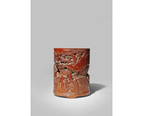 A GOOD CHINESE BAMBOO BITONG EARLY QING DYNASTY Intricately carved in high relief and pierced with figures drinking tea, play