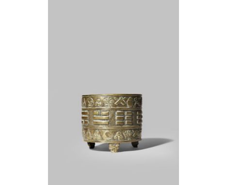 A CHINESE CYLINDRICAL BRONZE INCENSE BURNER BY HU WEN MING LATE MING DYNASTY The body cast in relief with a central band of t