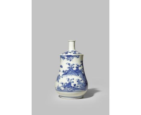 A JAPANESE ARITA BLUE AND WHITE SAKE BOTTLE, TOKKURI 18TH CENTURY In the shape of a Dutch gunpowder flask, the body decorated
