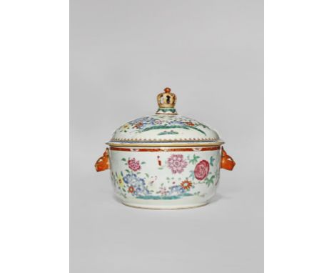 A CHINESE FAMILLE ROSE TUREEN AND COVER 18TH CENTURY Painted with peony and other colourful flowers emerging from rockwork, t