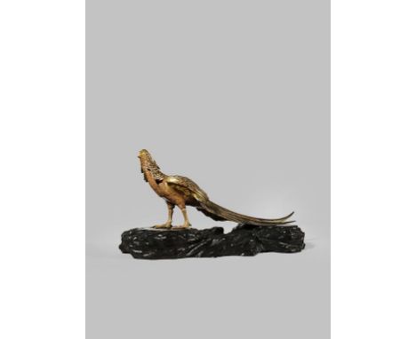 A JAPANESE GILT BRONZE OKIMONO OF A GOLDEN PHEASANT MEIJI 1868-1912 Its wings outstretched and with long tail feathers, stand