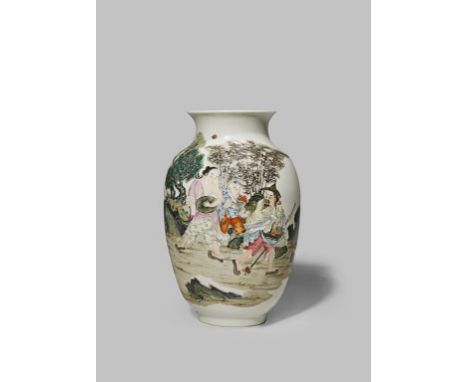 A SMALL CHINESE OVOID VASE REPUBLIC PERIOD The body decorated with three figures before a bamboo grove with Magu and a crane 