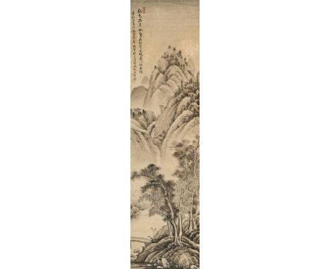 THREE CHINESE SCROLL PAINTINGS ON PAPER QING DYNASTY One attributed to Feng Chao Ran depicting a scholar by a lake in a mount