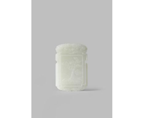 A CHINESE WHITE JADE RECTANGULAR PLAQUE QING DYNASTY OR LATER Carved in shallow relief on one side with a rural landscape and