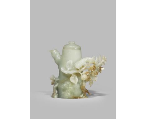 A CHINESE PALE CELADON JADE EWER AND COVER LATE QING DYNASTY Carved as a stem of bamboo with two birds in a branch of blossom
