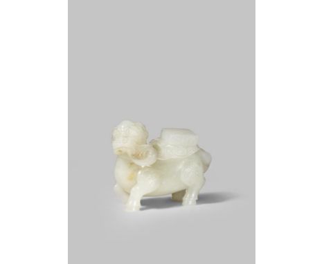 A CHINESE PALE CELADON JADE MODEL OF A QILIN QING DYNASTY OR LATER Standing, carrying a rectangular box and with a spray of l