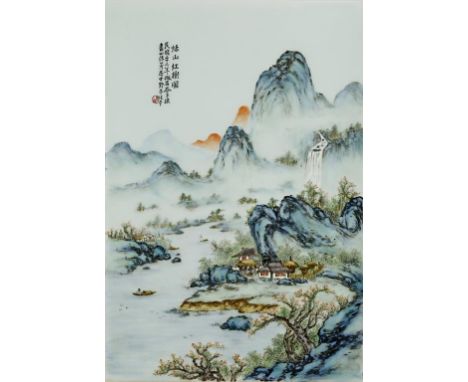 A CHINESE PORCELAIN 'LANDSCAPE' PLAQUE MODERN Depicting a view of small huts before a dramatic mountainous landscape, inscrib