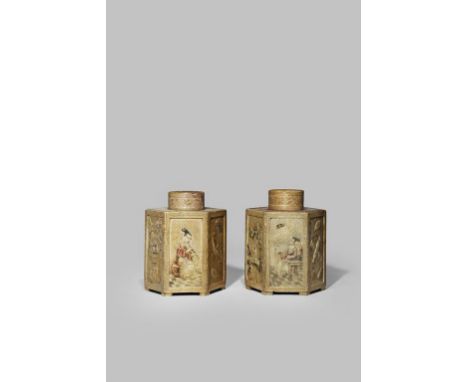 A PAIR OF CHINESE HEXAGONAL-SECTION SOAPSTONE TEA CANISTERS AND COVERS FIRST HALF 18TH CENTURY Each face intricately carved i