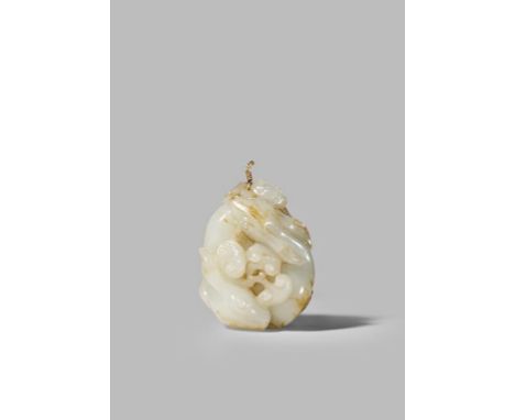 A CHINESE PALE CELADON JADE CARVING OF TWO RABBITS QING DYNASTY OR LATER Carved facing in opposite directions on a large bana