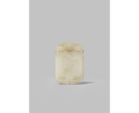 A CHINESE PALE CELADON JADE RECTANGULAR PLAQUE PROBABLY LATE QING DYNASTY Carved in relief to one side with a branch of bloss