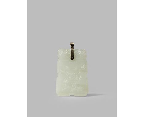 A CHINESE PALE CELADON JADE RECTANGULAR PENDANT LATE QING DYNASTY Carved in relief to one side with a spray of peony and to t