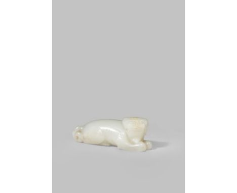 A CHINESE WHITE JADE CARVING OF A MYTHICAL BEAST QING DYNASTY OR LATER Reclining with its head slightly turned to the side an