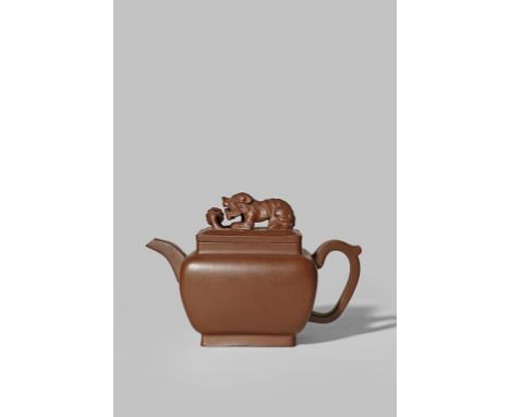 A CHINESE YIXING TEAPOT AND COVER 18TH CENTURY The plain rectangular body raised on a short flaring foot, the cover surmounte