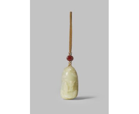A CHINESE YELLOW-GREEN JADE PENDANT QING DYNASTY OR LATER The pear-shaped body carved in shallow relief with a scholar and at
