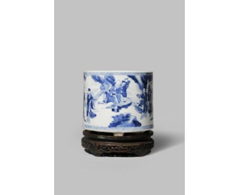 A CHINESE BLUE AND WHITE BAXIAN INCENSE BURNER KANGXI 1662-1722 The cylindrical body painted with a continuous scene of the E