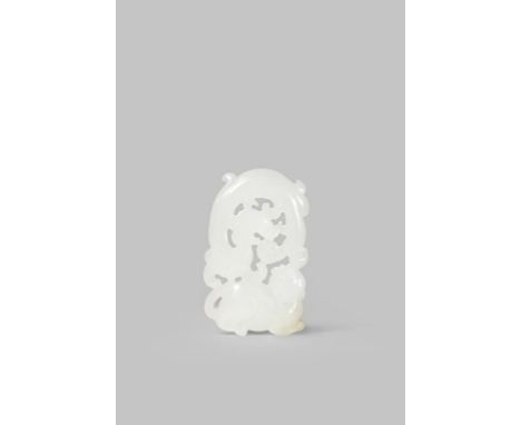 A CHINESE WHITE JADE PENDANT QING DYNASTY OR LATER Carved and reticulated with a cat and a chilong, 5cm.