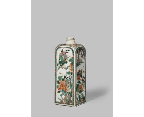 A CHINESE FAMILLE VERTE SQUARE-SECTION FLASK KANGXI 1662-1722 Two sides painted with birds perched on blossoming trees, the o