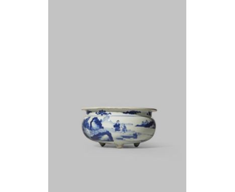 A CHINESE BLUE AND WHITE INCENSE BURNER KANGXI 1622-1722 The bombé-shaped body painted with three figures in a mountainous la