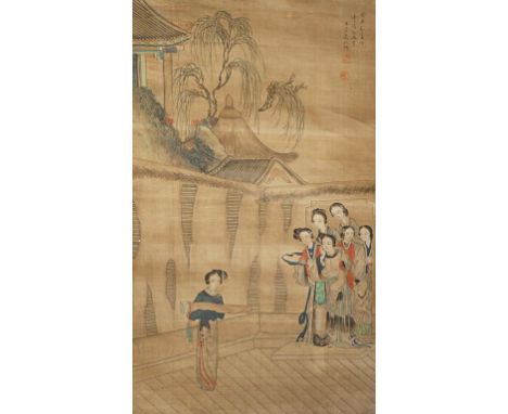 A CHINESE SCROLL PAINTING ON SILK ATTRIBUTED TO GAI QI QING DYNASTY Depicting a girl in a courtyard receiving a qin from a gr