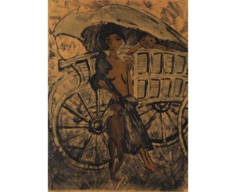 Otto Mueller     1874 Liebau/Riesengebirge - 1930 Obernigk bei Breslau Zigeunerin mit Kind vor dem Planwagen. 1926/27. Farbli