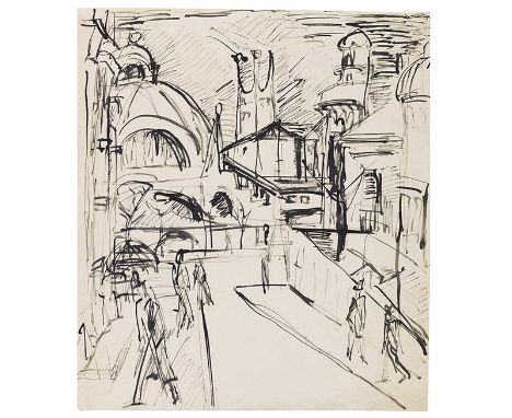 Ernst Ludwig Kirchner     1880 Aschaffenburg - 1938 Davos Stadtszene, Nollendorfplatz. 1915. Tuschfederzeichnung.  Verso mit 