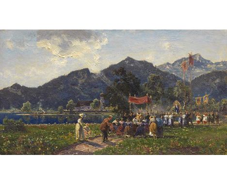 Joseph Wopfner     1843 Schwaz/Tirol - 1927 München Prozession am Walchensee. Um 1895-1900. Öl auf Holz.  Holz 360. Links unt