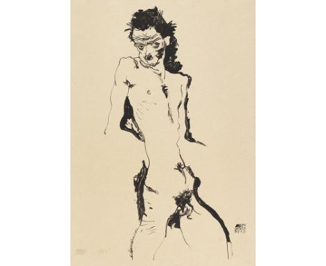 Egon Schiele     1890 Tulln - 1918 Wien Männlicher Akt (Selbstbildnis). 1912. Lithografie.  Kallir 1 b 2 (von 1 b 2). Söhn 35