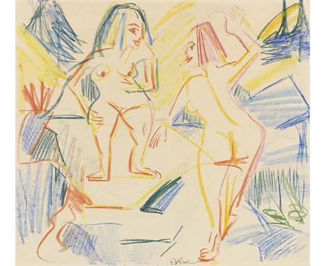 Ernst Ludwig Kirchner     1880 Aschaffenburg - 1938 Davos Badende in Felsen. Um 1924. Farbige Kreidezeichnung.  Unten mittig 