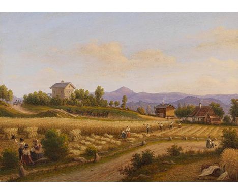 Wilhelm Brücke     1800 Stralsund - 1874 Stralsund Sommerliche Landschaft mit Kornernte. 1849. Öl auf leichtem Karton.  Recht