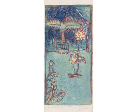 Ernst Ludwig Kirchner     1880 Aschaffenburg - 1938 Davos Gartenbild. 1904. Farbholzschnitt. Wasserfarbendruck.  Gercken 20. 
