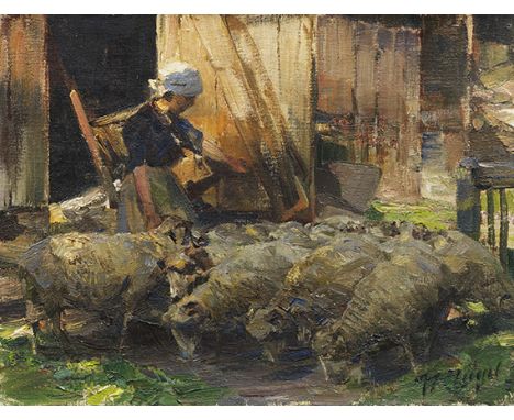 Heinrich von Zügel     1850 Murrhardt - 1941 München Bäuerin mit Schafen. 1920er Jahre. Öl auf Leinwand.  Rechts unten signie