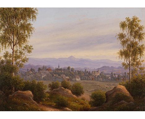 Wilhelm Brücke     1800 Stralsund - 1874 Stralsund Blick auf Bad Warmbrunn. 1851. Öl auf leichtem Karton.  Unten rechts im St