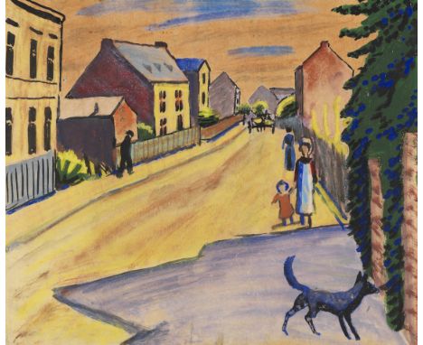 August Macke     1887 Meschede/Sauerland - 1914 Perthes-lès-Hurlus (Frankreich) Sonnige Straße mit Hund. 1911. Aquarell auf P