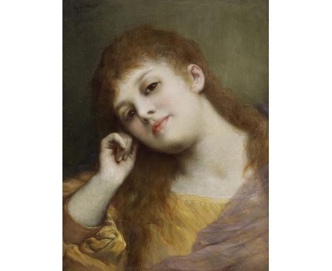 Gabriel Cornelius von Max     1840 Prag - 1915 München Bildnis eines jungen Mädchens. Um 1900. Öl auf Holz.  Links oben signi