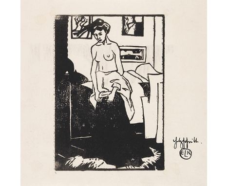 Ernst Ludwig Kirchner     1880 Aschaffenburg - 1938 Davos Sich entkleidendes Mädchen - Das Modell 1. 1905. Holzschnitt.  Gerc