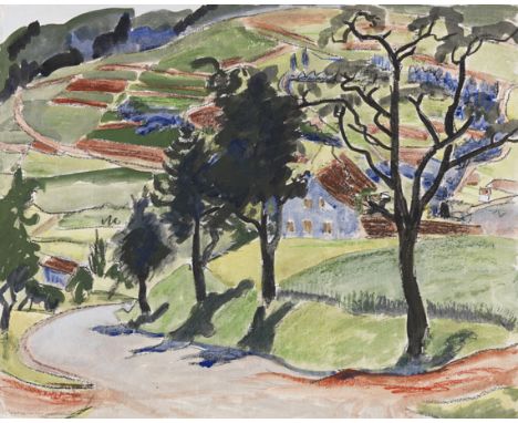 Erich Heckel     1883 Döbeln/Sachsen - 1970 Radolfzell/Bodensee Straße in der Landschaft. 1934. Aquarell und Farbkreide.  Rec