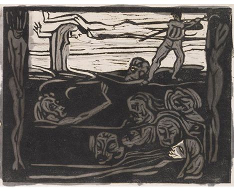 Hermann Max Pechstein     1881 Zwickau - 1955 Berlin Am Ende. 1906. Holzschnitt, grau getönt, auf Karton aufgezogen.  Krüger 